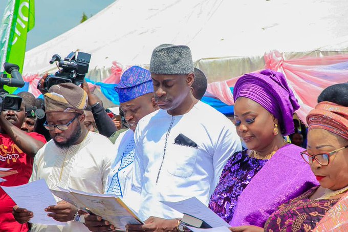 Funke Egbemode second right and other aides being sworn in on Thursday