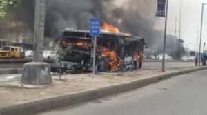 Scene of the fire incident involving a BRT bus on Ikorodu Road Lagos on Monday.
