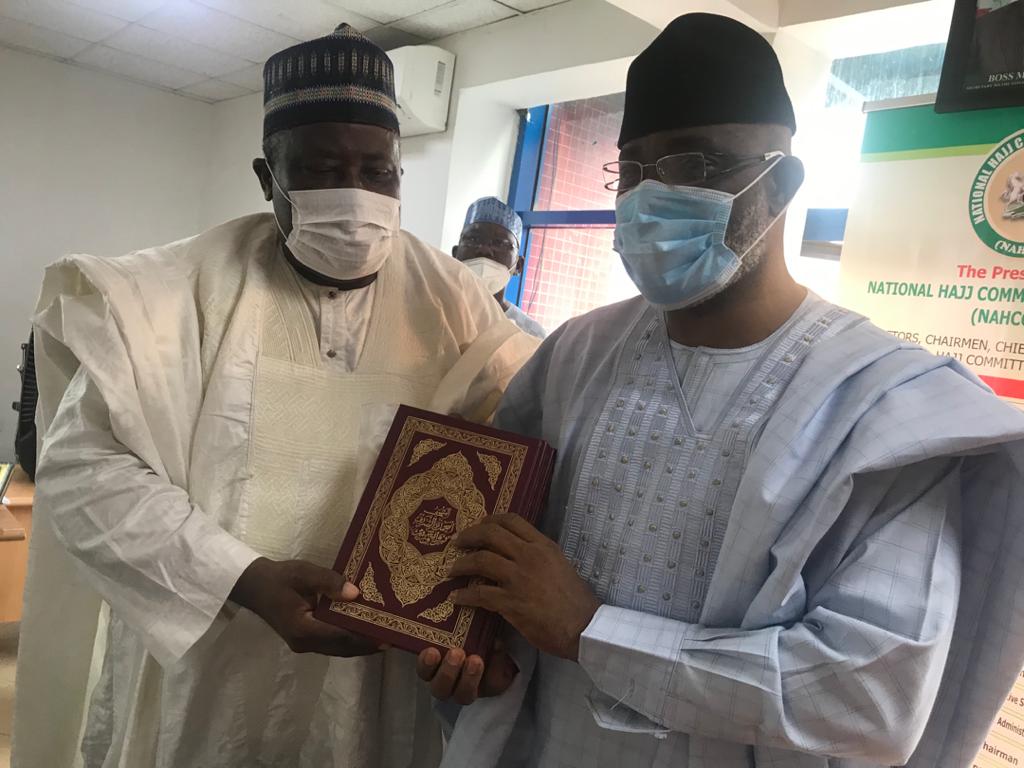Left the Director General and CEO of ICICE Dr Kabir Kabo Usman presenting a copy of the Holy Quran to the Chairman and CEO of NAHCON Alhaji Zikrullah Kunle Hassan during the Courtesy Call