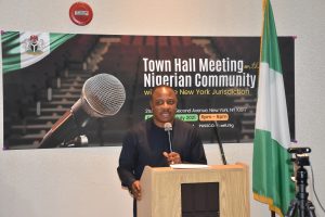 Amb. Gabriel Aduda Permanent Secretary Ministry of Foreign Affairs delivering remarks at a Town Hall meeting organised by the Consulate General of Nigeria at the Nigeria House New York