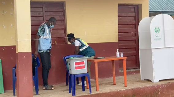 Electoral officials set up a polling unit at Community Primary School Amawbia Awka.