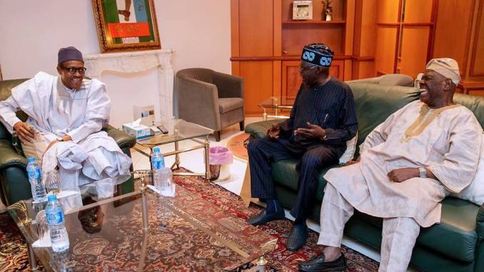 President Muhammadu Buhari with APC Chieftains Bola Tinubu and Bisi Akande