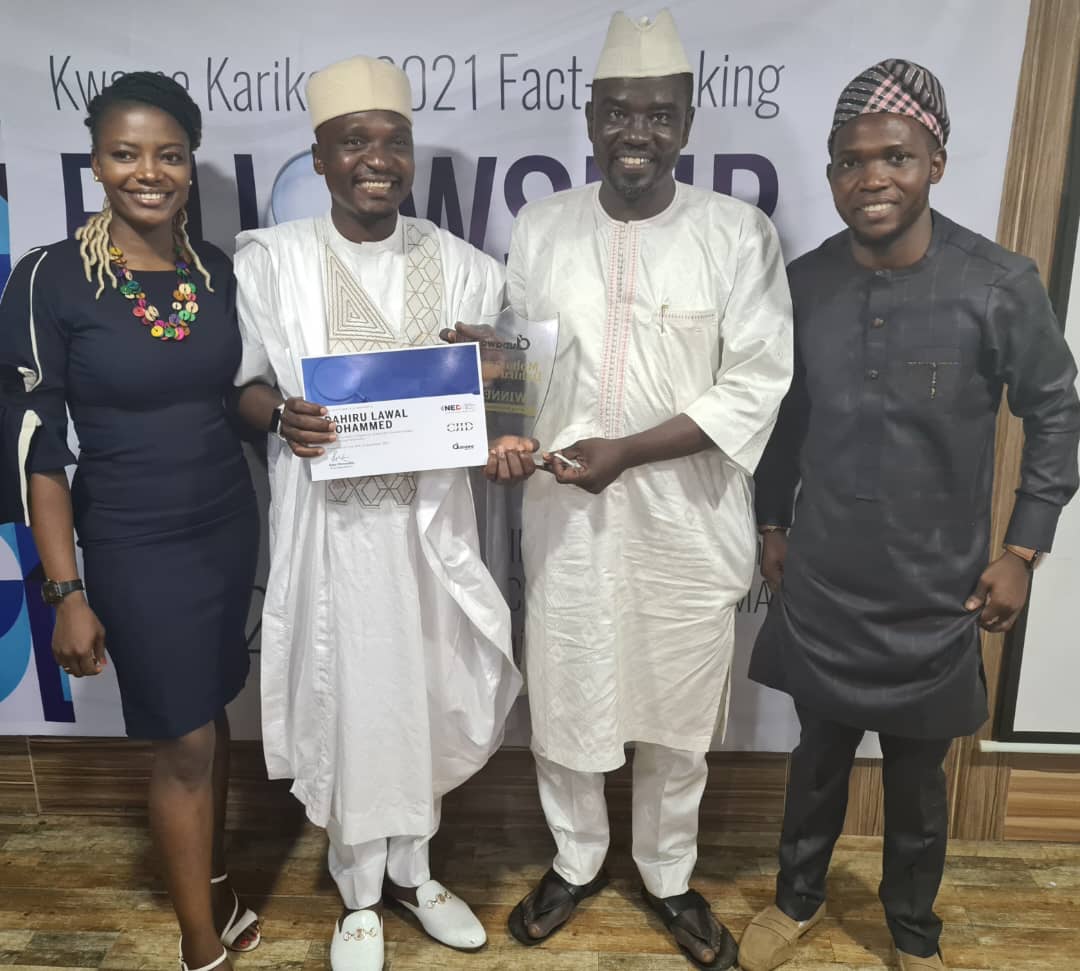 Dahiru Lawal the overall Best Fellow in West Africa on Kwame Kari Kari Fact Checking and Research Fellowship 2021.