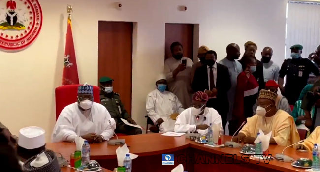 APC chieftain Bola Tinubu meets with senators of the ruling party at the National Assembly in Abuja on March 16 2022.