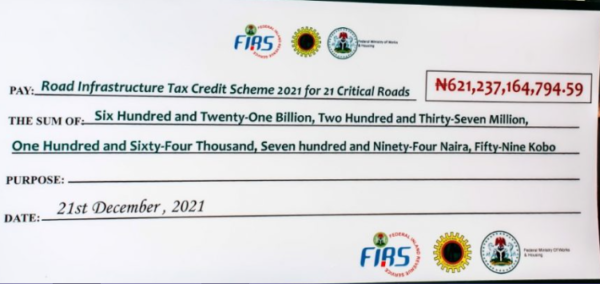 Front view of a cheque given to the Ministry of Works and Housing