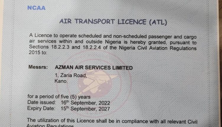 NCAA , Azman Air’s licence, airline, resumes operations