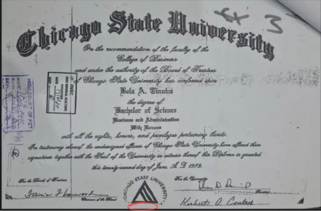Mr Tinubu summitted this diploma to Inec the red circle highlights the missing portion