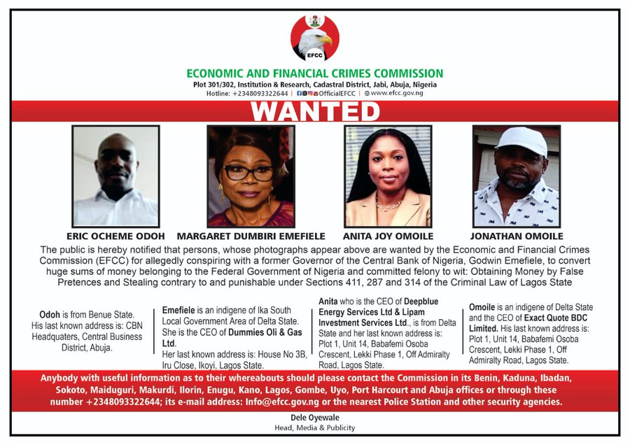 Money Laundering, EFCC , Godwin Emefiele, wife, wanted,