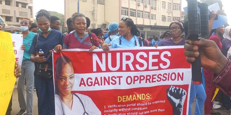Nurses, protest, certificate verification circular, demand withdrawal, NANNM, NMCN