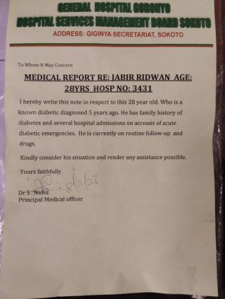 False medical report issued to our correspondent by Dr. Nuhu of Goronyo General Hospital